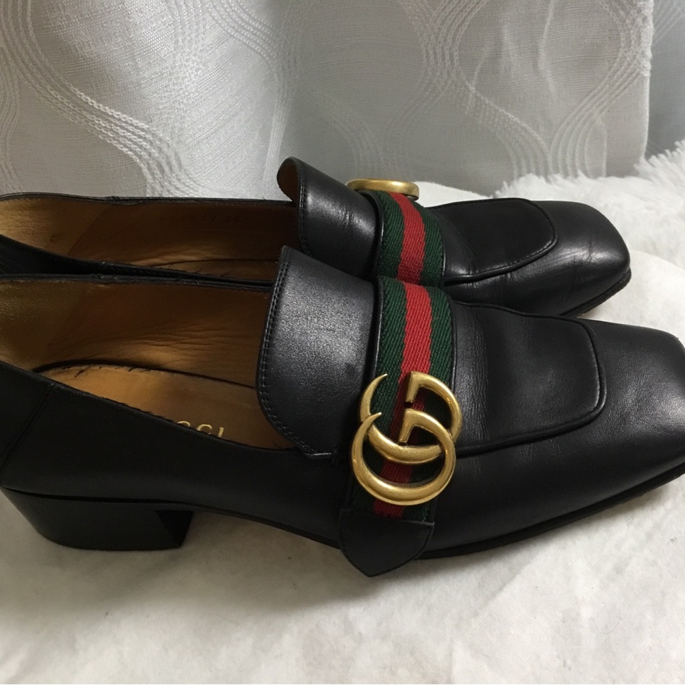 Authentic Gucci Black Leather Loafers with Red and Green Web & Gold Double G - Picture 4 of 12